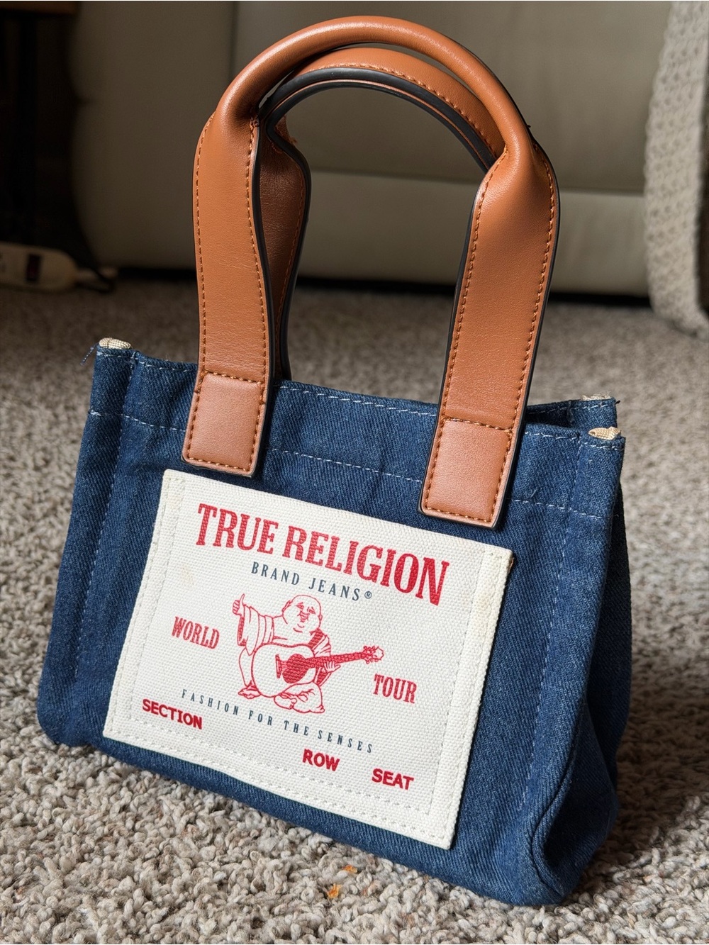 True Religion Navy Denim Mini Tote with Brown Handles and Red Logo Patch